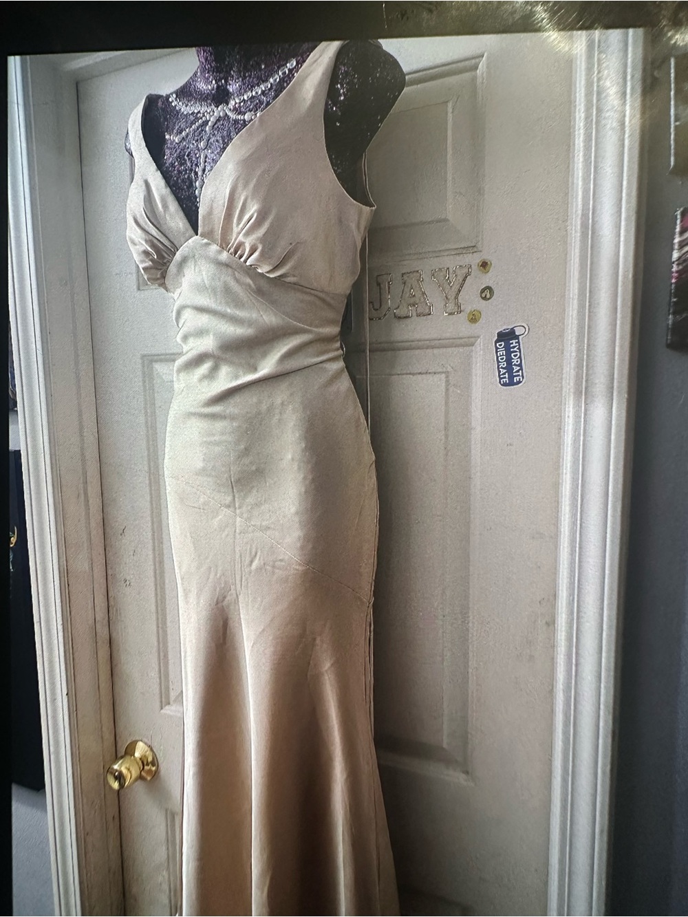Golden Satin V-Neck Maxi Dress - Picture 3 of 6